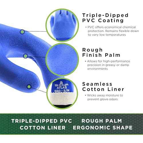 SHOWA Atlas 660 Triple-Dipped PVC Coated Chemical Resistant Safety Glove with Cotton Liner, 12" Length, Large (12 Pair)