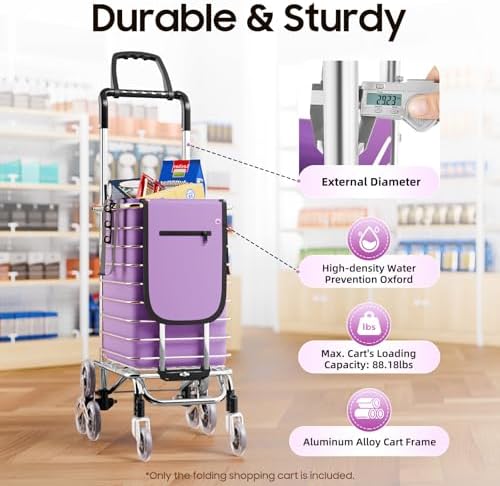 Stair Climbing Shopping Cart with Detachable Waterproof Liner – 20.5"×15"×36.2" Lightweight Rollator with 360° Swivel Wheels, Dual Handles for Grocery, Camping, Transport