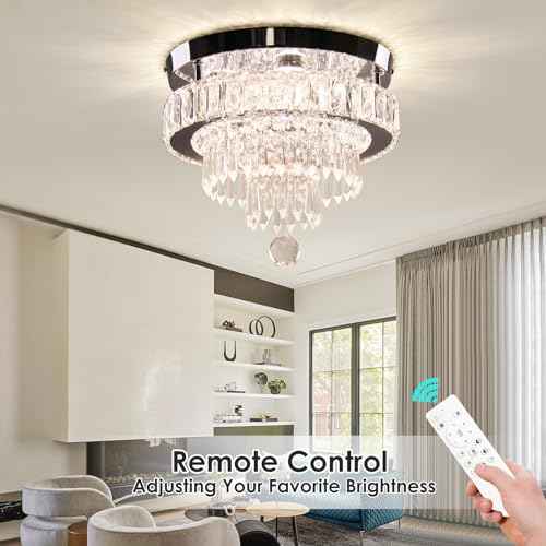 11.8" Dimmable Crystal Chandelier Crystal Ceiling Light Modern Chandeliers Flush Mount Ceiling Light Lamp Fixture for Dining Room Living Room Bedroom Hallway Remote Control