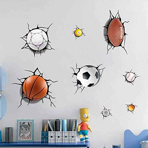 Supzone Sport Balls 3D Wall Stickers Break Through DIY Basketball, Rugby, Baseball, Football Wall Decor Boys Playroom, Bedroom, Classroom, Living Room