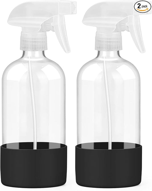 Worldgsb 2 Pack Glass Spray Bottles with Silicone Sleeve, 16 oz Empty Refillable Containers with Adjustable Spray Nozzles, Spray Bottles for Hair, Cleaning Solutions and Plants Black