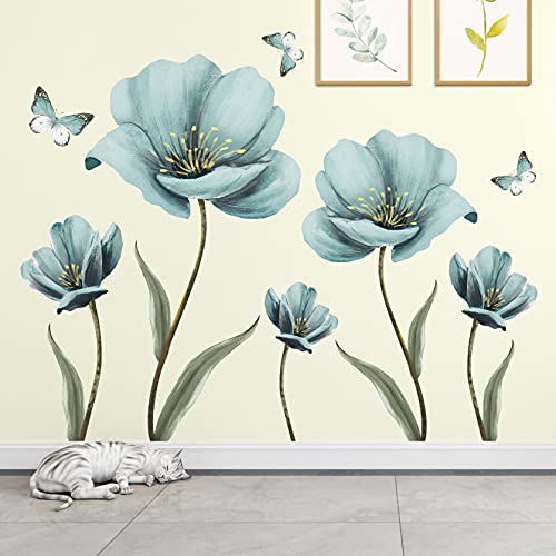 Dreamy Blue Flower Wall Stickers Creative Painted Butterflies Wall Decals Romantic Painting Art Decor Vinyl Removable Peel and Stick for Living Room Nursery Bedroom Office Bathroom Wall Decoration