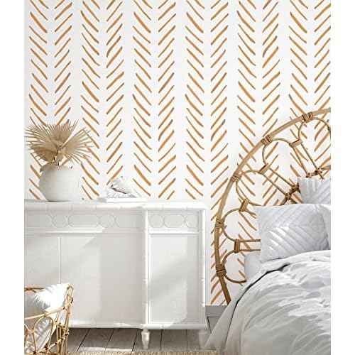 HAOKHOME Boho Peel and Stick Wallpaper Brush Strokes Stripes Removable Terracotta/White Chevron Vinyl Self Adhesive Mural 17.7in x 9.8ft