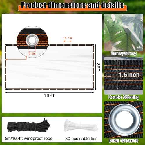 ZYP 2PCS 8x16 FT Heavy Duty Clear Waterproof Tarps Outdoor Garden Rainproof Covering,Clear Vinyl Tarp with Grommets,Transparent Waterproof Tarpaulin for Covering Henhouse Porch Canopy Plant Camping