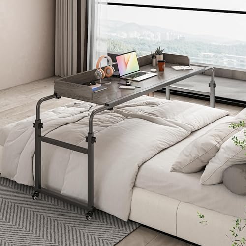 Overbed Table with 360° Wheels, Queen Size Mobile Bed Desk, Recliner Table Over Bed Table Adjustable Height and Length Overbed Table with Heavy Duty Metal Leg for Hospital and Home use