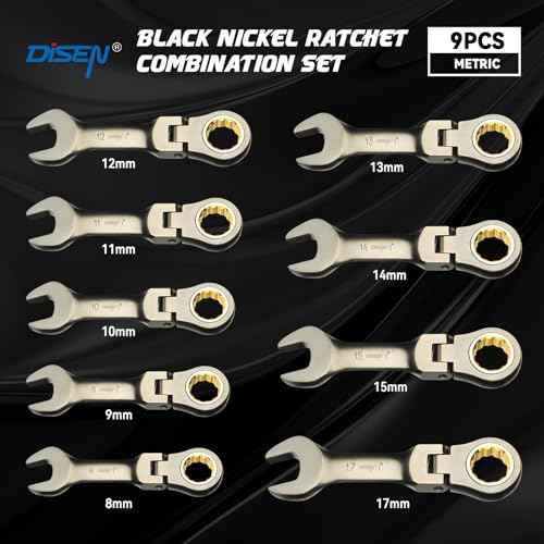 DISEN 9 Pcs 90 Teeth Flex Head Stubby Ratcheting Wrench Set, Metric 8-17 mm, CRV, Nickel Plating Combination Ratchet Wrenches Set with Rolling Pouch