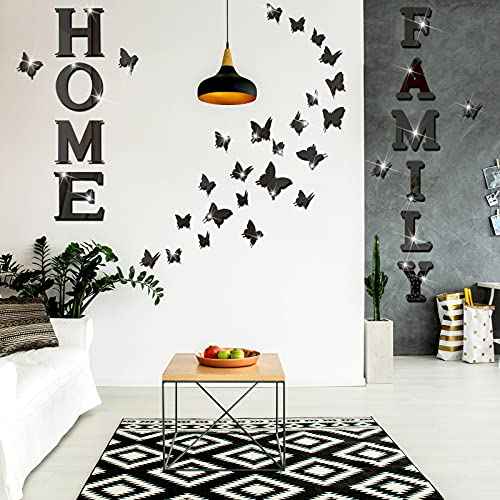 Outus 3D Family Home Sign Letters Living Room Decor Family Rustic Farmhouse Wall Decor Acrylic Mirror Decorative Butterfly Mirror Wall Sticker Decals for Living Room Bedroom Kitchen (Black)