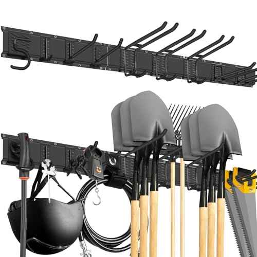 ¡°48¡± Adjustable Garage Wall Tool Organizer - Full-Length Bracket for Garage Storage with 3 Tool Hooks, 2 Double Hooks, 2 Single Hooks and 3 Rails in Heavy-Duty Construction,Tool Organizer