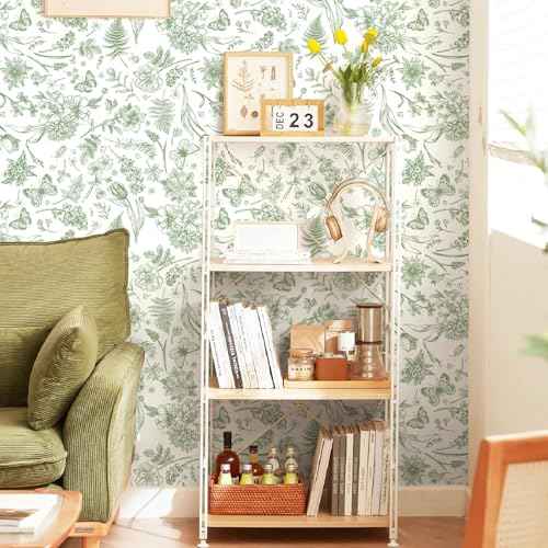 Peel and Stick Wallpaper Floral White Green Flower Contact Paper Butterfly Boho 78.7" x 17.3" Removable Wallpaper Self-Adhesive for Bedroom Waterproof Shelf Liner Decal Vinyl Roll