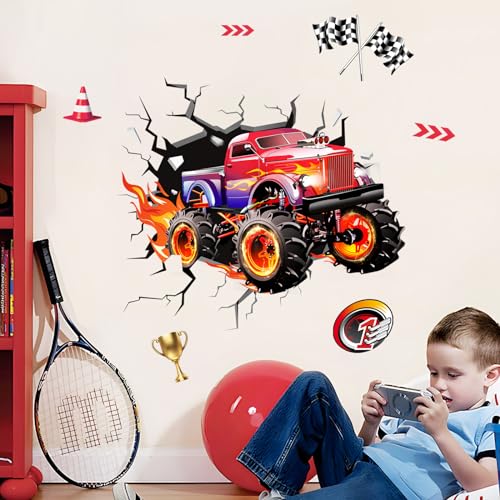 Supzone 3D Racing Car Wall Decals for Boys Room, Fast Racing Truck Break Through The Wall Vinyl Wall Sticker for Kids Room Nursery Playroom Classroom