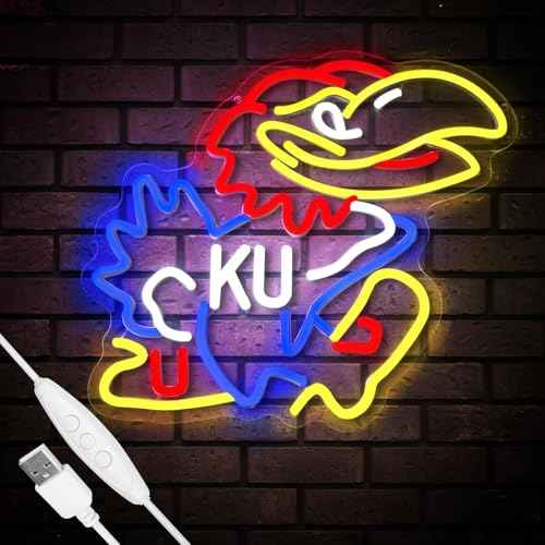 University Basketball Team Neon Sign, Light Up Dimmable College Kansas Hawk Team Logo Led Neon Sign Light Hanging for Wall Decor, Bedroom, Dormitory, Man Cave, Birthday Christmas Gift
