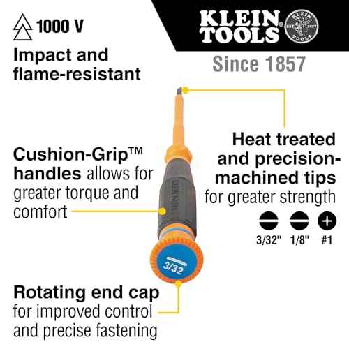 Klein Tools 6254INS Insulated Precision Screwdriver, 1/8-Inch Slotted Mini Electrician Screwdriver, 1000-Volt Cushion Grip Handle