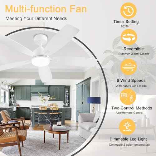 White Ceiling Fans with Lights, 52 Inch Low Profile Ceiling Fan with Light and Remote/App Control, Dual-Sided Blades, Reversible, 3CCT, Dimmable, Modern Ceiling Fan for Indoor/Outdoor Patios