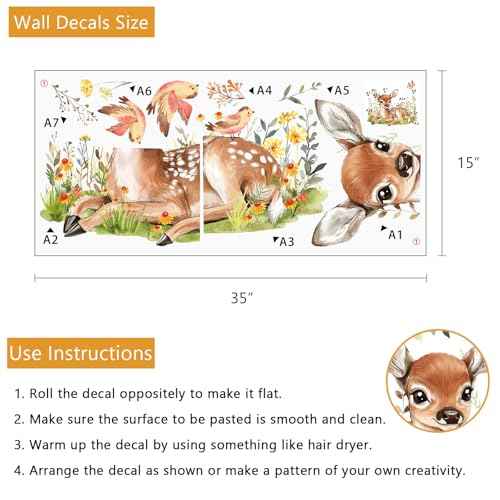 Yovkky Baby Deer Wall Decals Stickers, Woodland Animals Birds Wildflower Neutral Toddlers Nursery Decor, Cute Home Decorations Kids Bedroom Playroom Classroom Art