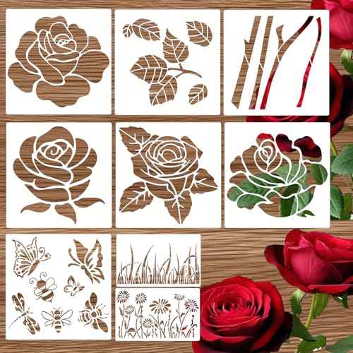 9pcs Large Rose Stencil 12X12Inch - Reusable & Easy Clean Giant Rose Template with Instructions for Walls, Wood, Fence, Fabric & More (Rose)