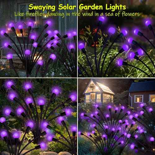 Kohlrabi Solar Garden Lights Outdoor, 6 Pack 60 LED Solar Purple Firefly Lights Waterproof, Sway by Wind, Halloween Swaying Light for Yard Patio Backyard Garden Planter Flower Bed Pathway Decoration
