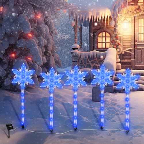 Snowflake Solar Christmas Pathway Lights, Set of 10 LED Outdoor Stake Lights, Waterproof Christmas Decorations for Garden, Yard, Lawn, Walkway, Patio Decor (10pcs Blue)