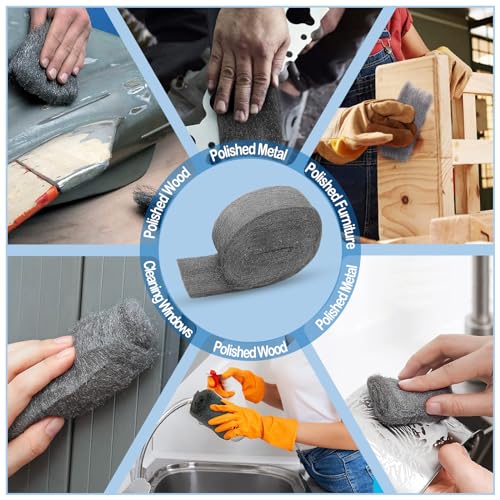 Steel Wool, Quality Mild Steel-Ideal for Cleaning Porcelain, Tile, Grout, Shower Doors and Final Finish,Included Gloves(0#-Fine Grade, 4)