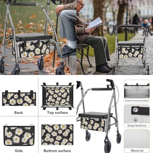 LedBack Rollator Walker Accessories 3 Pack Daisy Rollator Walker Seat and Backrest Rollbar Covers Soft Universal Walkers Seat Covers Organizer Pouch Storage