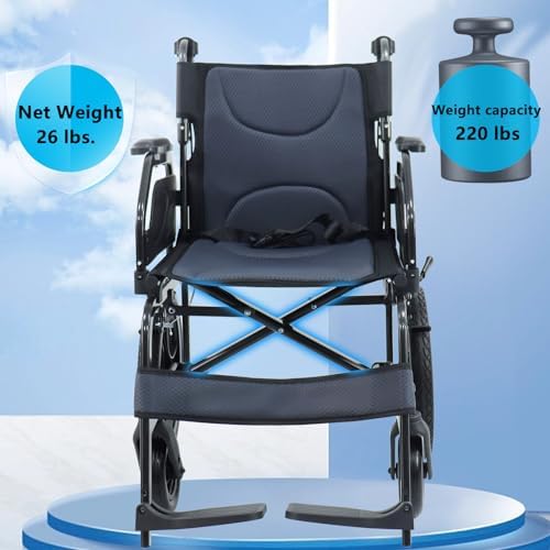 Lightweight Wheelchair Aluminum Alloy with Handbrakes, Silla de Ruedas for Adults, Durable Square Tube and Flip Up Armrest