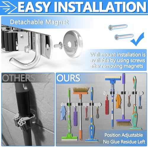 3-H Magnetic Broom Holder Wall Mount 1 Pack, 2-in-1 Dual Mount (No Drill or Screw Fix), 304 Stainless Steel Heavy Duty Magnet Mop Broom Organizer for Kitchen Garden Garage(3 Racks & 4 Hooks,Silver)