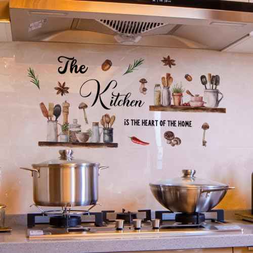 Kitchen Themed Wall Decal 'The Kitchen is The Heart of The Home' Quote with Cooking Elements s Design, Easy Peel & Stick Removable,DIY Wall Sticker Perfect for Kitchen,Living Room and Nursery D?cor