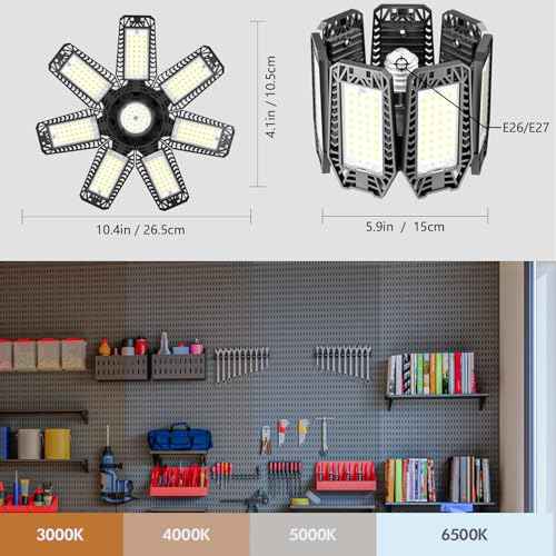 LED Garage Light 4 Pack - 200w 20000LM 6500K Garage Lights Ceiling LED with 7+1 Adjustable Panels, Shop Lights Screw in E26 E27 Bulb Socket for Workshop, Storage Room, Basement, Warehouse