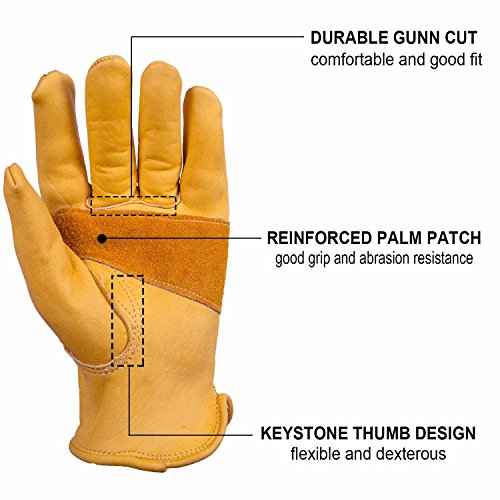 OZERO Leather Work Gloves for Men: 3 Pairs Cowhide Working Gloves Abrasion Resistant Driver Glove for Heavy Duty Yard Work DIY Women Gardening Glove Gold Large