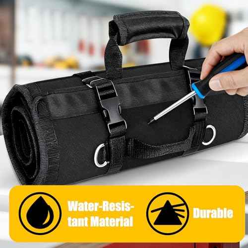Tool Bag,Large Roll-Up Tool Bag Organizer with 28 Pocket Organizer, 34 Socket Slots, Heavy Duty Portable Tool Storage Carrier Bag for Men,Mechanic,Electrician & Hobbyist,Black