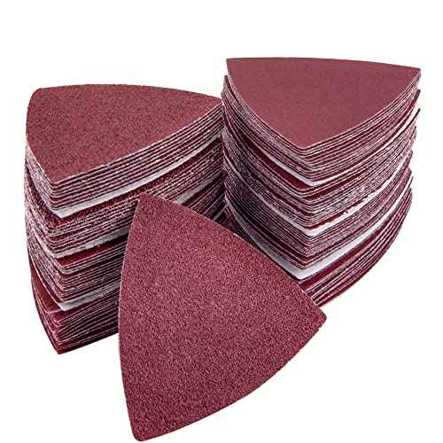 AUSTOR 100 Pieces Triangle Sanding Pads Triangular Sandpaper Sanding Sheets Fit for 3-1/8 Inch Oscillating Multi Tool Hook and Loop Assorted 40/60/80/120/180/240/320/400/600/800/1000 Grits, No Holes