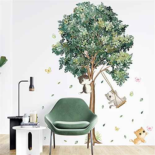 WAFT YEARN Removable Tree Green Plants Leaves Butterfly Flower Cat Hanging Vine Farmhouse Style Wall Decal Wall Stickers for Nursery School Classroom Bedroom Bathroom Boys Girls Room Playroom