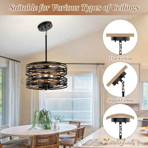 12.6'' Farmhouse Chandelier for Dining Room, Kitchen Lighting Fixtures Ceiling, 3-Light Black Pendant Light Fixture, Modern Industrial Drum Hanging Light for Over Table Foyer Entryway Hallway