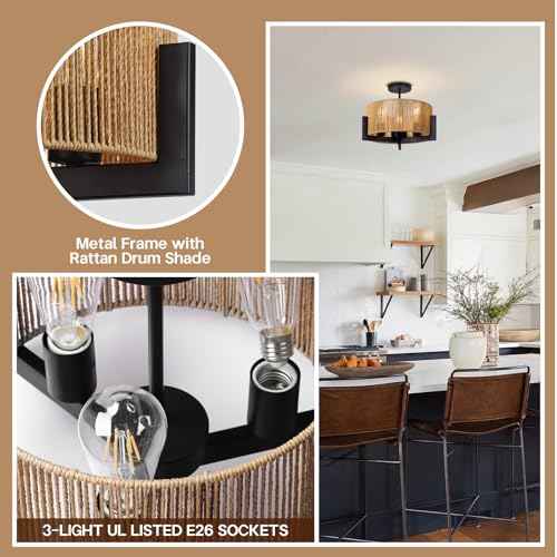 Boho Light Fixture,13.6'' Rattan Ceiling Lights,3-Light Coastal Semi Flush Mount Ceiling Light Fixture,Farmhouse Chandelier, Nursery Light Fixtures,Flush Mount Lights for Bedroom Entryway