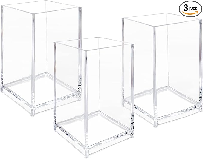 3 Pack Clear Acrylic Cosmetic Pencil Pen Holder Cup, Clear Makeup Brush Holder, Desk Acrylic Brushes Storage