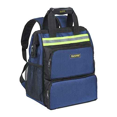 FASITE Tool Bag Backpack, Heavy Duty Durable Electrician Work Pack for Hand Tools, Waterproof Tool Storage & Organizer for a Contractor, Plumber, HVAC, Cable Repairman, Blue