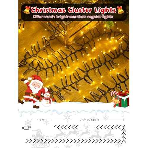 75FT 1500 LED Christmas Cluster Lights, Firecracker String Lights with Remote & 8 Modes & Timer, Waterproof Fairy Twinkle Light Plug in for Indoor Outdoor Party Garden Xmas Tree Decoration, Warm White