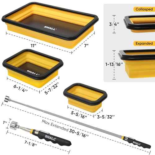 SHALL Collapsible Magnetic Tool Parts Tray and Telescoping Magnetic Pickup Tool Set, 3-Piece Silicone Foldable Magnetic Bowls & 25LBS Force Extendable Magnet for Mechanic Screw Bolts Nuts Washers Pins