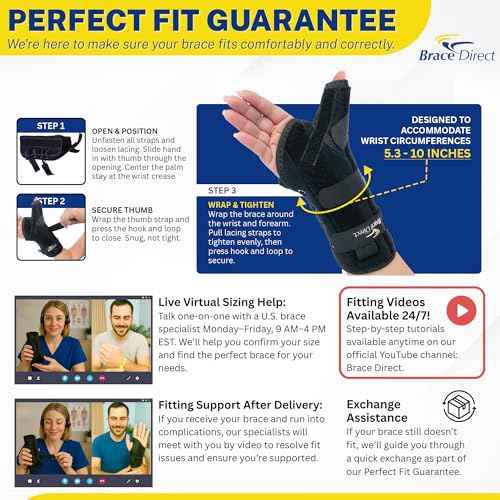 Brace Direct Wrist Brace & Thumb Spica Splint - Support for Carpal Tunnel, Arthritis, Tendonitis, Gamekeeper's Thumb, Post-Cast Recovery and De Quervain's (Right - One Size Fits All)