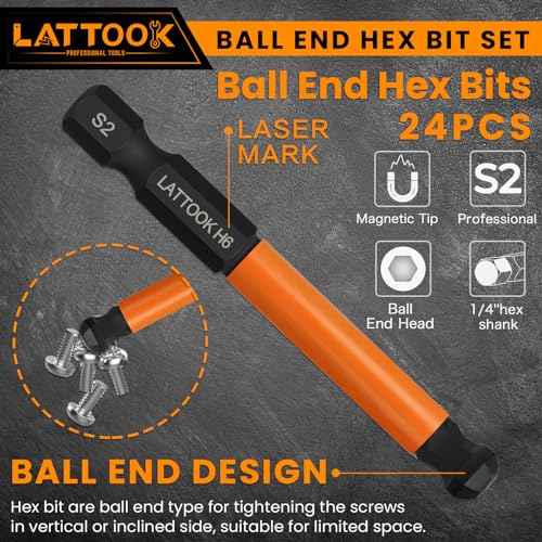 Ball End Hex Head Allen Wrench Drill Bit Set with T Handle Ratchet Driver, 24PCS Metric & SAE Ball End Hex Bit Set Allen Key Bit Set Hex Key Drill Bit Set with T Handle, S2 Steel, 2.5'' Long