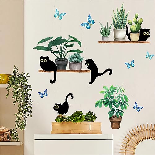 Green Potted Plant Cute Black Kitten Wall Stickers, sacinora Cat Cartoon Animal DIY Wall Decals Removable Vinyl Peel and Stick for Living Room Children's Room Bedroom Kitchen Decorations
