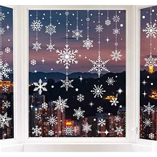 AnyDesign White Snowflake Windows Clings Christmas Window Decals 215 Pcs Winter Double-Sided Window Stickers for Xmas Winter New Year Home School Office Decoration Party Supplies, 9 Sheets