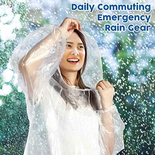 Berlune 50 Pcs Disposable Rain Ponchos for Adults Thick Disposable Ponchos Bulk with Hood Emergency Raincoats for Camping Themed Park, Clear