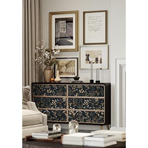 Dimoon 78.7"x16.1" Delicate Floral Peel and Stick Wallpaper Black Golden Thicken Waterproof Leaf Vintage Flower Contact Paper Self Adhesive Wallpaper Removable, Shelf Liner Decal Vinyl Roll