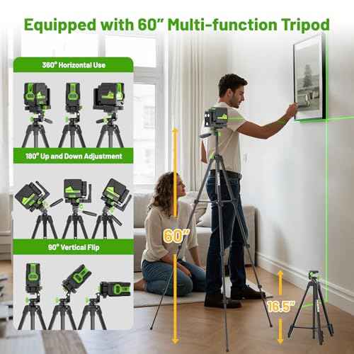 Huepar Laser Level with 60in Tripod, 1/13 High Accuracy Self Leveling Green Cross Line Lazer Leveler for Picture Hanging, Tile, Home Renovation, with Pluse Mode for Outdoor, Carry Case, Glasses