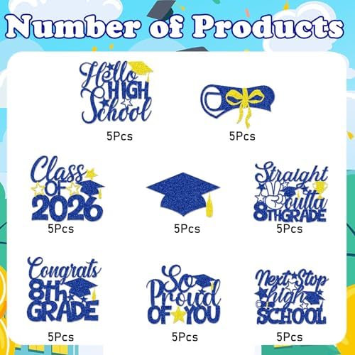 8th Grade Graduation Cupcake Toppers Decorations, 40PCS Class of 2026 Congrats 8th Grade Glittery Cupcake Picks with Grad Cap Diploma, Next Stop High School Cupcake Party Decor (Blue Gold)