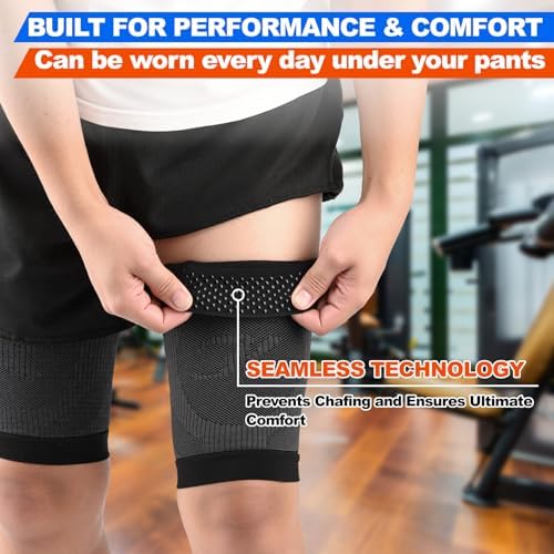 Thigh Compression Sleeves (Pair), Unisex, Hamstring Compression Sleeve for Quad & Groin Pain Relief & Recovery, Thigh Brace & Wrap Great for Running Sports & Injury, Upper Leg Sleeves Black L