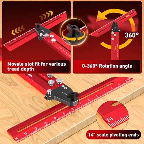 Stair Tread Template Tool, One-Piece Design Stair Measuring Tool, Adjustable Length from 22.5" to 62", Precision Stair Tread Jig Gauge with 14" Scale Pivoting End and Stop Pins