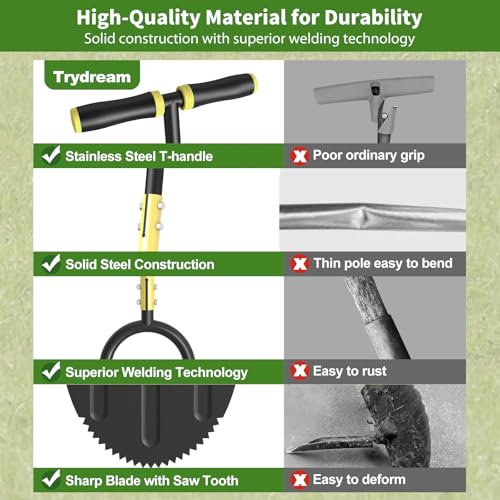 Lawn Edger Tool, Half Moon Tooth Edger with T-Grip Handle, 40-Inch Long Handled Sidewalk Grass Edger for Precise Lawn Edging and Land scaping