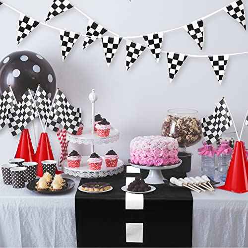 Skylety Traffic Cones and Racing Checkered Flags Set-include 12 Plastic Traffic Cones,12 Flags with Sticks,31 ft Checkered Pennant Banner and 9.8 x 2 ft Racetrack Floor Running Mat