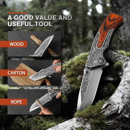 Pocket Knife for Men, 8.7" Folding Knife, 440 Stainless Steel Blade, 0.19lb, Wood Handle with 3D Retro Embossed Pattern, EDC Folding Knife for Work, Camping, Christmas Gifts